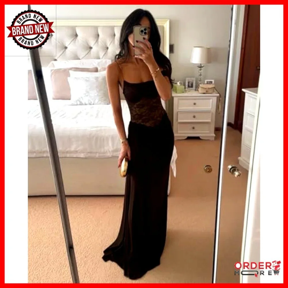 Lace Maxi Dress Elegant Formal Backless Spaghetti Strap High Split Wedding Guest - Picture 5 of 7